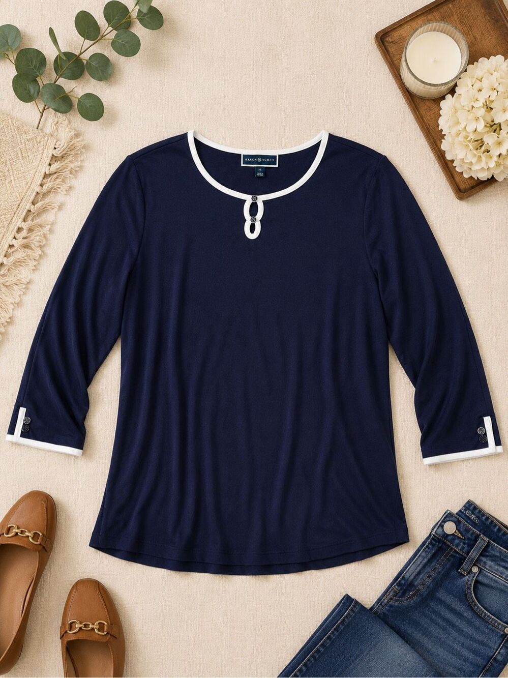 Karen Scott Women’s XL Navy Blue White Trim 3/4 Sleeve Keyhole Top